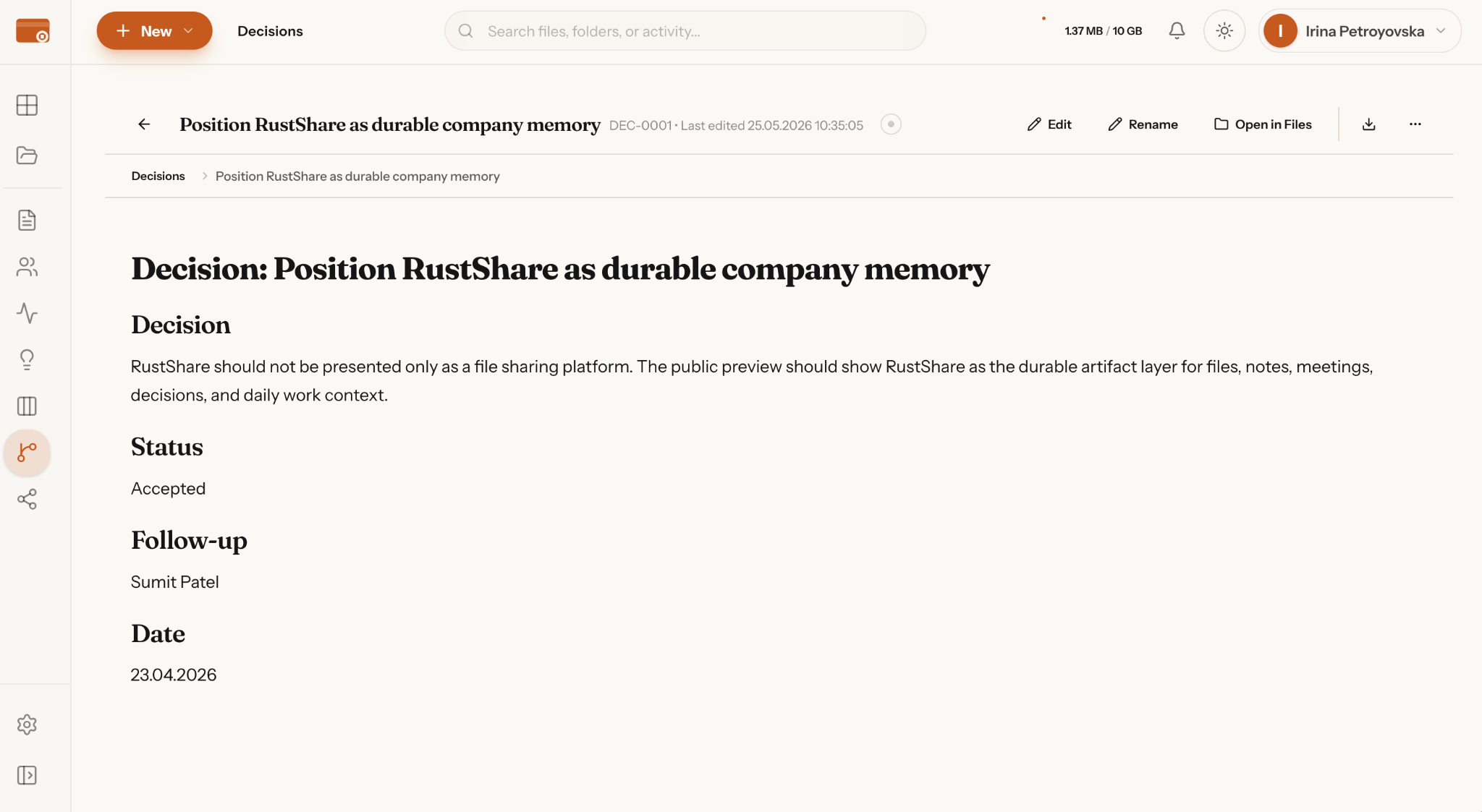 RustShare Decision detail interface showing Position RustShare as durable company memory decision