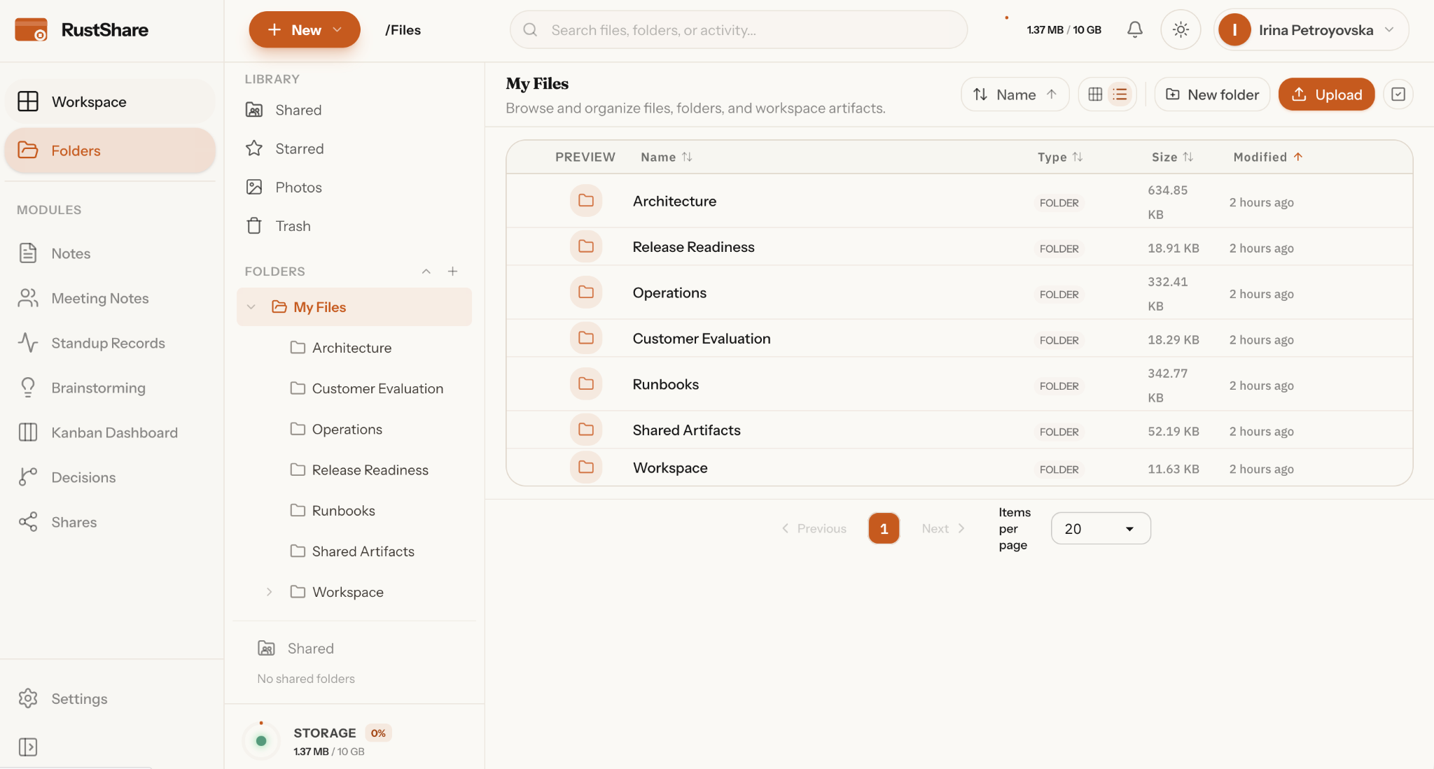 RustShare Files & folders interface showing browse and organize files view