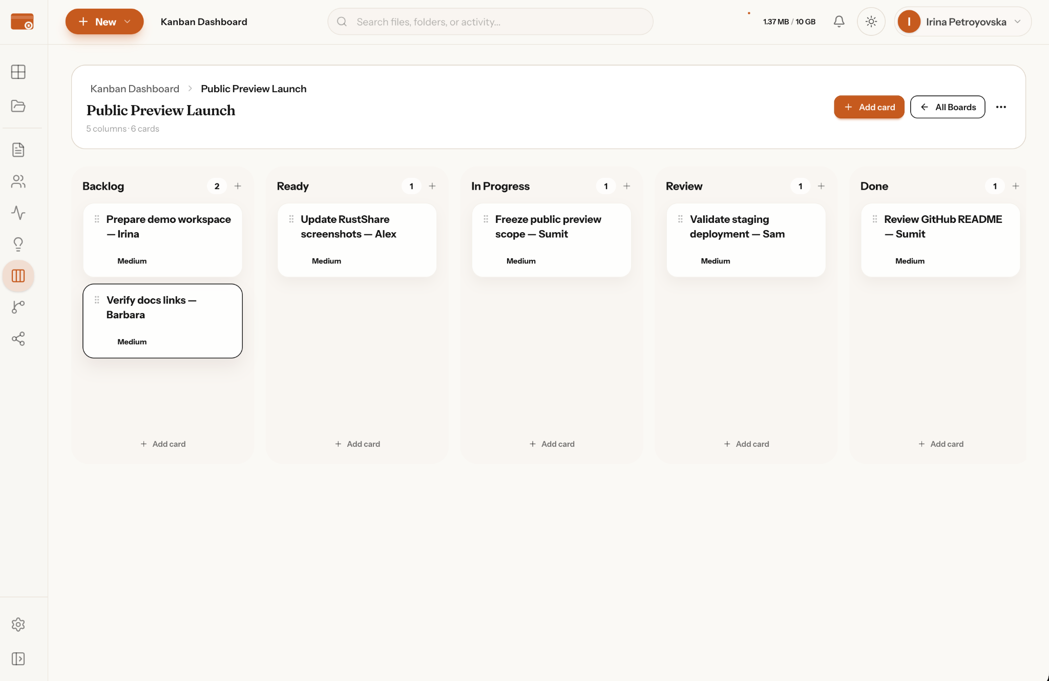 RustShare Kanban Dashboard interface showing Public Preview Launch board
