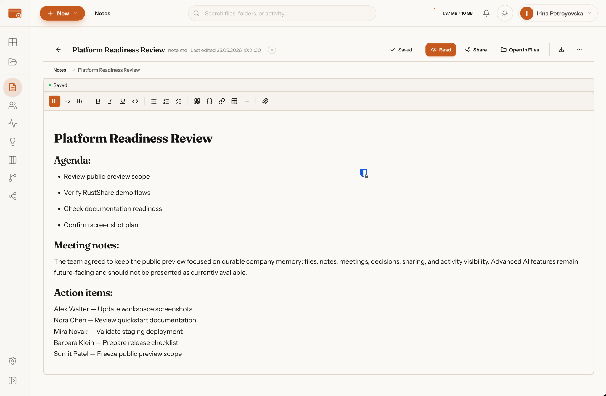 RustShare Notes editor interface showing markdown editing for Platform Readiness Review