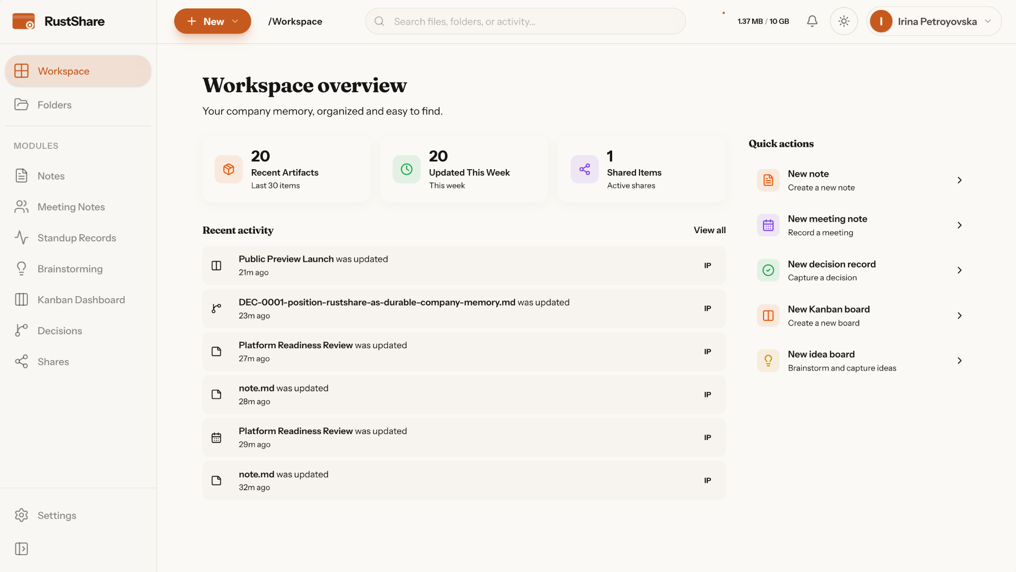 RustShare workspace overview interface showing recent artifacts, quick actions, decisions, notes, and activity log