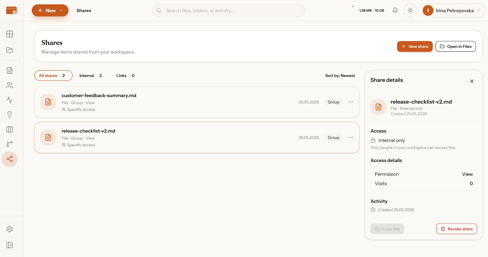 RustShare Shares interface showing active shares list, release-checklist-v2.md, share details panel, internal only access permission, activity logs, and revoke share controls